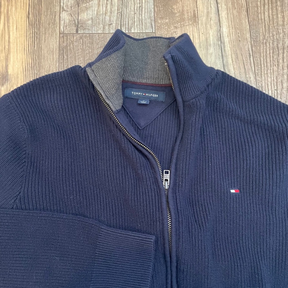 Tommy Hilfiger Men's Navy Blue Ribbed Full Zip Mock Neck Sweater Size M